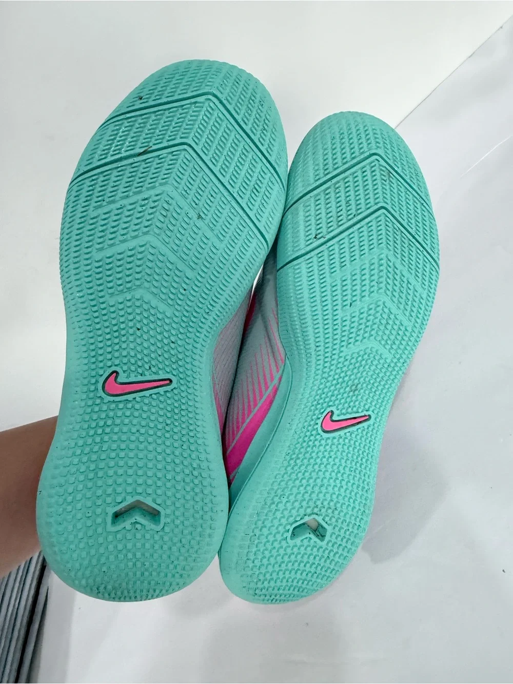 Kids Grey Athletic Shoes with Pink Swoosh and Teal Sole